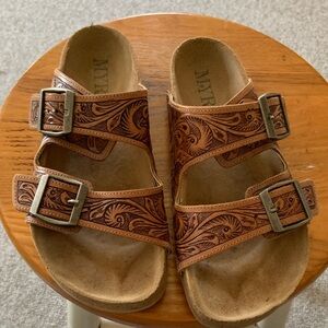 MYRA BAGS Footo Brown tooled Leather Sandals with Buckles size 8